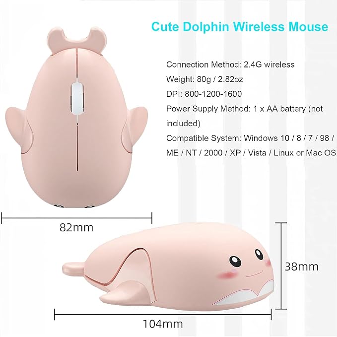 CHUYI Cute Animal Dolphin Shape Wireless Silent Mouse Frosted Cartoon Portable Travel Mute 1600DPI Novelty Optical Unique Cordless Quiet Mice for Computer Laptop PC Gift (1 Pack-Pink)