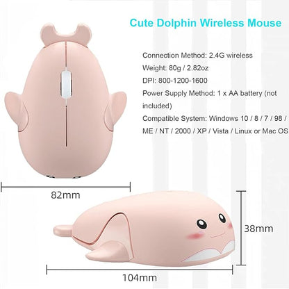 CHUYI Cute Animal Dolphin Shape Wireless Silent Mouse Frosted Cartoon Portable Travel Mute 1600DPI Novelty Optical Unique Cordless Quiet Mice for Computer Laptop PC Gift (1 Pack-Pink)