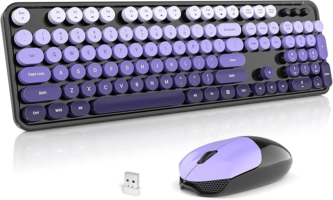 Wireless Keyboard and Mouse Combo, 2.4GHz Gradient Colorful Full-Size Retro Typewriter Keyboard with Wireless Mouse for PC/Desktop/Laptop/Windows (Black Purple)