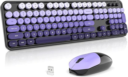 Wireless Keyboard and Mouse Combo, 2.4GHz Gradient Colorful Full-Size Retro Typewriter Keyboard with Wireless Mouse for PC/Desktop/Laptop/Windows (Black Purple)