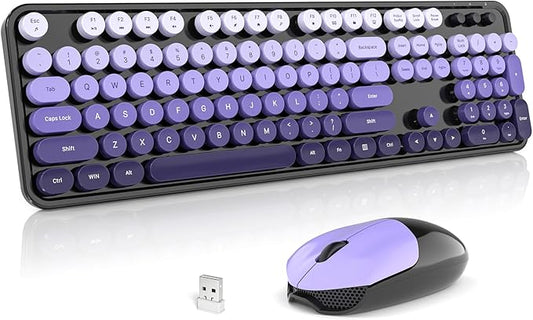 Wireless Keyboard and Mouse Combo, 2.4GHz Gradient Colorful Full-Size Retro Typewriter Keyboard with Wireless Mouse for PC/Desktop/Laptop/Windows (Black Purple)
