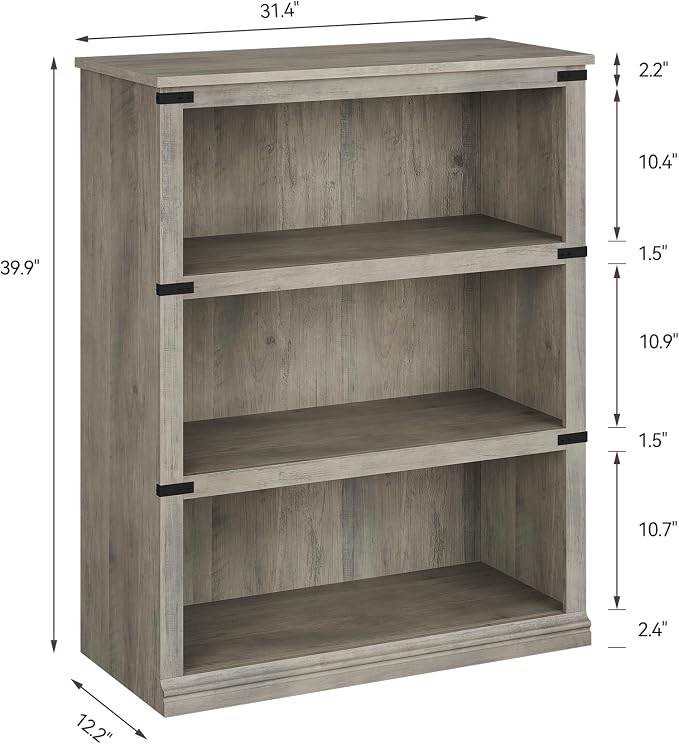 GarveeHome 3 Tier Farmhouse Bookcase, 39.9 in Tall Book Shelf with Storage, Wooden Bookshelves 3 Shelf Display Shelvesfor Home Office, Living Room, Bed Room (Grey, 39.9 in H x 31.5 in W x 12.8 in D)