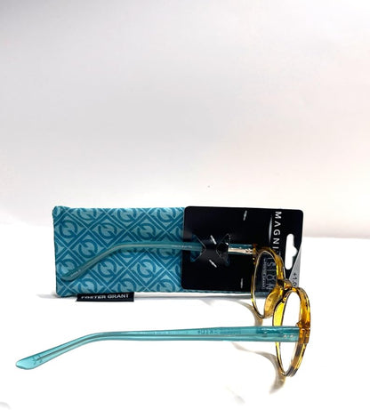 Foster Grant Magnivision Reading Glasses Bryn light Havana tortoise teal round 1.00