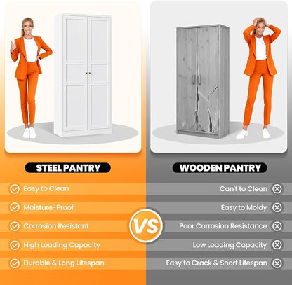 71" Tall Kitchen Pantry Storage Cabinet with 2 Doors and 5 Adjustable Shelve, Metal White Food Pantry Cabinet, Kitchen Cabinet Storage Unit,6 Tier Freestanding Cupboard for Kitchen Dining/Living Room