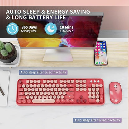 Wireless Keyboard and Mouse Combo - Cute Colorful Keyboard and Mouse, Retro Typewriter Keyboard with 2.4GHz Plug & Play, for Windows 11/10/7, Laptop, PC (Hot Pink)