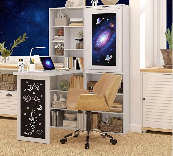 Foldable Wall Mounted Desk with Storage Shelves & Blackboard, Fold-Out Convertible Writing Table for Small Spaces | Space-Saving Floating Computer Desk for Home Office (White)