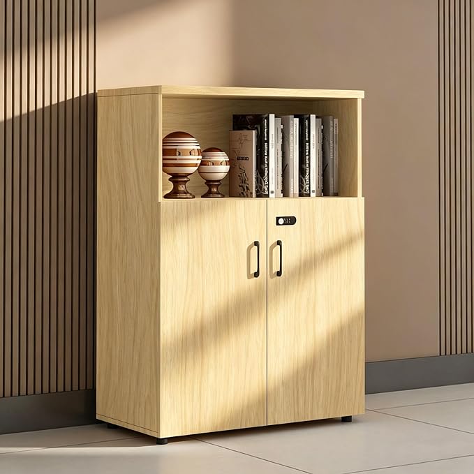 File Cabinet with Password Lock, Wood Lateral Filing Cabinet for Letter/A4 Files, 3 Drawer with Door, Printer Stand with Open Shelves for Home Office