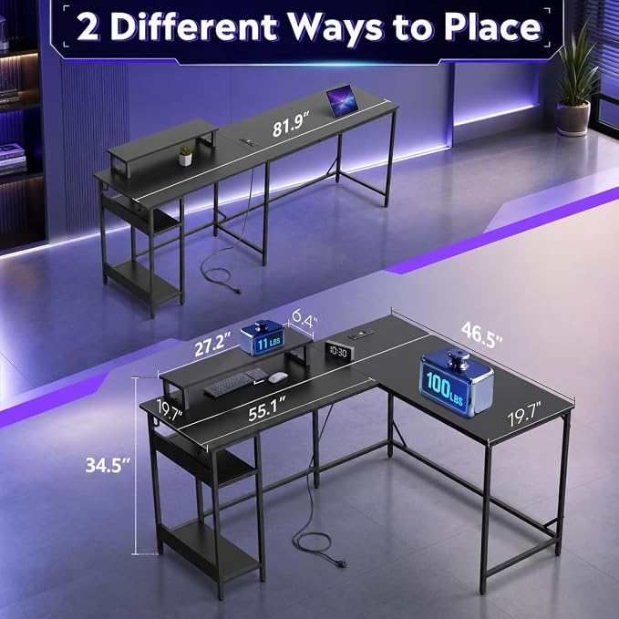 DEVAISE Spacious 55" L Shaped Gaming Desk with LED Lights and Power Outlets - Reversible Corner Computer Table with Monitor Stand and Storage Shelves for Work and Gaming, Black