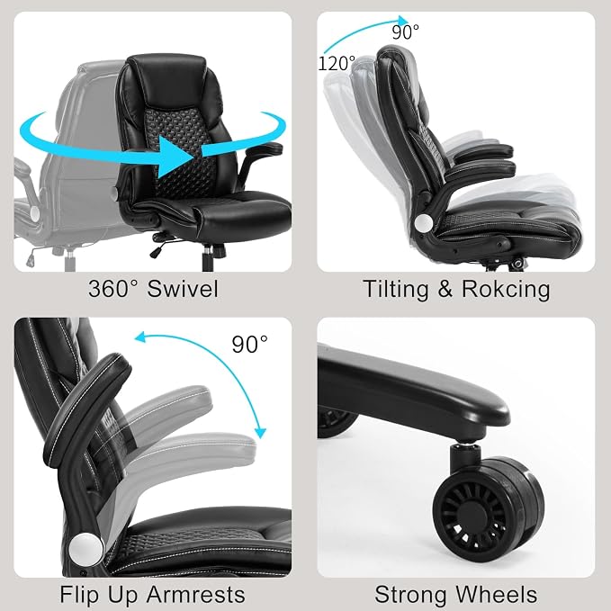 ZLHECTO® Big and Tall Executive Office Chair, PU Leather Swivel Desk Chair with Flip-up Arms, Adjustable Lumbar Support, Space-Saving Height Adjustable Rolling Computer Chair for Home & Office Use