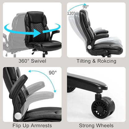 ZLHECTO® Big and Tall Executive Office Chair, PU Leather Swivel Desk Chair with Flip-up Arms, Adjustable Lumbar Support, Space-Saving Height Adjustable Rolling Computer Chair for Home & Office Use