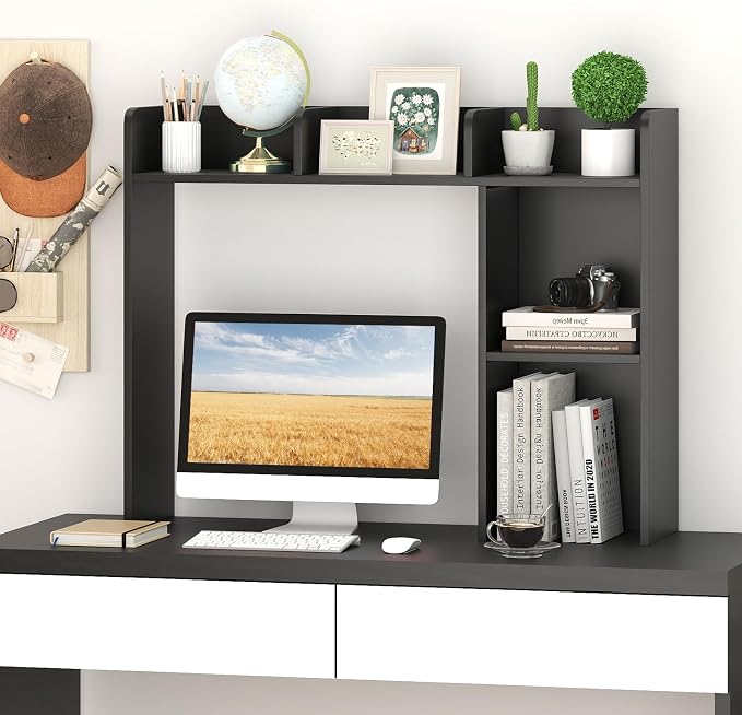 GOFLAME 5 Shelves Desktop Bookshelf, Wood Desk Hutch Dorm for Computer Desk, Countertop Display Rack, 3-Tier Desk Storage Organizer Shelf for Dormitory, Home Office, Study, Black