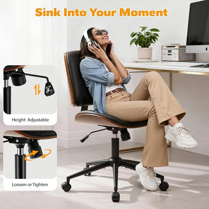 Shahoo Armless Office Chair with Wheels, Adjustable Height PU Leather Desk Chair with mid Back, Modern Walnut Style 360° Swivel Computer Chair for Small Spaces, Meeting Room, Black