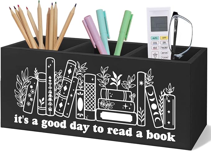 Black Wooden Pen Pencil Bookmark Holder Decor for Desk, Book Club Gifts It's a Good Day to Read a Book Wood Makeup Brush Toothbrush Holder Organizer for Reading Corner Bedroom