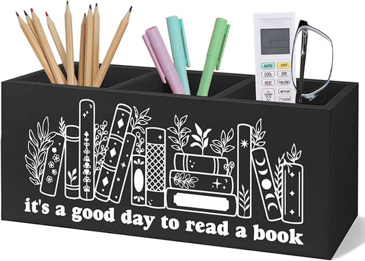 Black Wooden Pen Pencil Bookmark Holder Decor for Desk, Book Club Gifts It's a Good Day to Read a Book Wood Makeup Brush Toothbrush Holder Organizer for Reading Corner Bedroom
