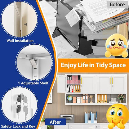 GAIOUS Metal Garage Wall Cabinet with Lock, Wall Mounted Steel Tool Cabinet | with Door and Shelf, Medicine Cabinet with Open Area, Hanging Cabinet for Garage Warehouse Bathroom Kitchen, White