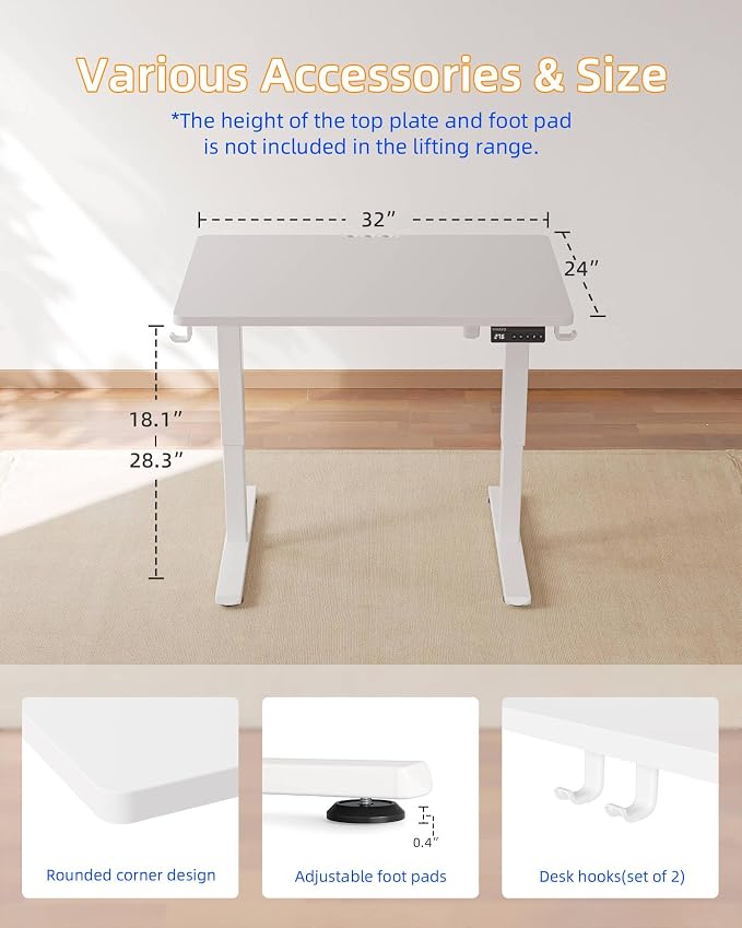 YIHAYO One-Piece Low Height Adjustable Desk, Lifts 18.1-28.3 Inches, Electric Standing Desk for Short People, 32 x 24 Inches Computer Table with Splice Board for Home Office, White