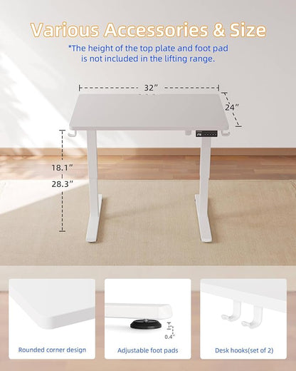 YIHAYO One-Piece Low Height Adjustable Desk, Lifts 18.1-28.3 Inches, Electric Standing Desk for Short People, 32 x 24 Inches Computer Table with Splice Board for Home Office, White