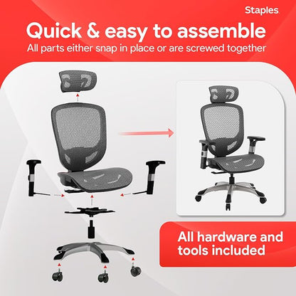 STAPLES Ergonomic Task Chair, Mesh, Ergonomic, Lumbar Support, Swivel, Gray