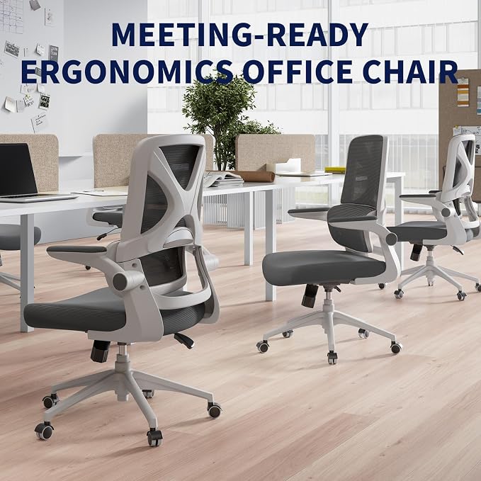 Ergonomic Office Chair - Desk Chair with Adjustable Headrest Lumbar Support Computer Chair - Mesh Comfy Chair with Flip-up Armrests - Gaming Chairs for Adults Home Office (White+Gray)