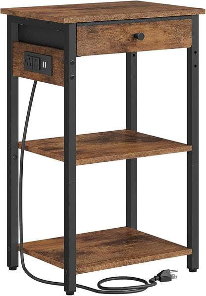 Gewudraw Printer Stand with Charging Station, 3-Tier Under Desk Printer Table, End Table with Storage Shelves for Home Office, Living Room,Bedroom,Bathroom,Brown