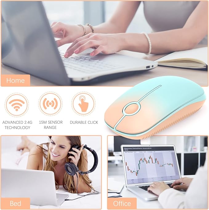 Unipows Wireless Mouse - 2.4G Slim Portable Computer Mouse with Nano Receiver, Less Noise Mobile Optical Mice for Notebook, PC, Laptop, Computer, Mac (Gradient Orange to Mint Green)