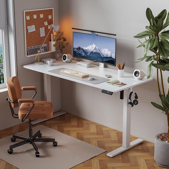 WALKINGDESK 40x24 Inches Height Adjustable Electric Standing Desk with 2 Hooks for Home Office, Ergonomic Sit Stand up Desk with Splice Board, White