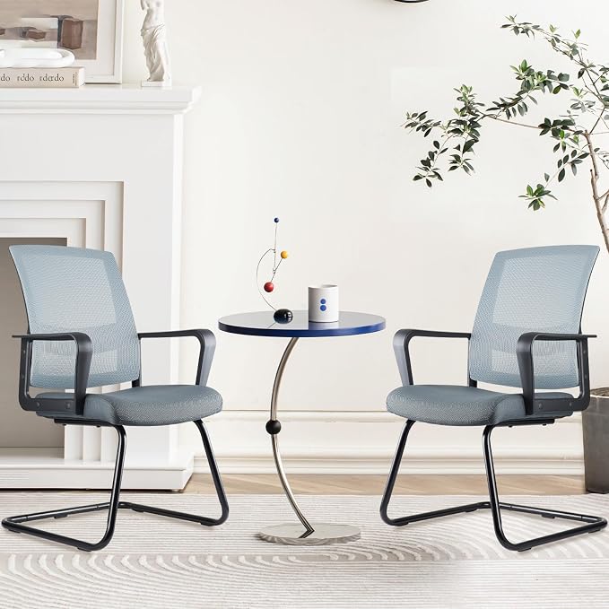 CLATINA Waiting Room Chairs with Armrests and Adjustable Lumbar Support, Breathable Mesh Back Desk Chair No Wheels, Office Guest Chairs & Reception Chair for Conference Room, Grey