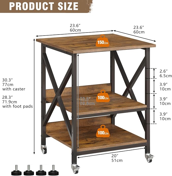 VENNQD 23.6 x 23.6 x 30.3 Inches Printer Stand, Large Printer Table with Adjustable Middle Shelf, Rolling Printer Cart with Wheels, 3 Tier Printer Table for Home Office Scanner Fax, Rustic Brown