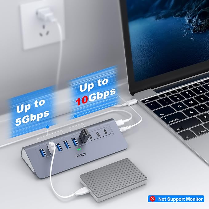 Powered USB Hub 10Gbps, intpw YH6AC 9-Port USB Splitter with USB A/USB C 3.2, 4 USB 3.0, 2 PD 45W Charging Ports, 65W Power Adapter + 3.3FT Cable, Aluminum USB Extender Hub for Laptop, PC,iPhone 17/16