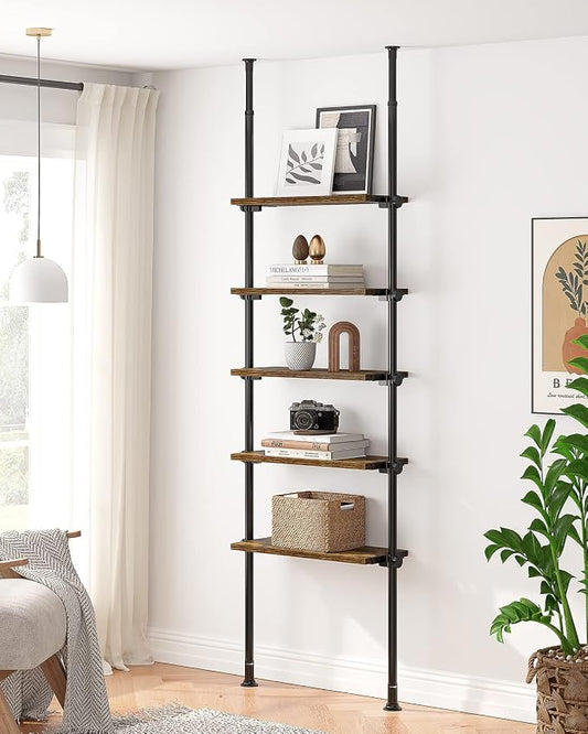 ALLZONE Adjustable Tall Narrow Bookshelf, 5-Tier Floor-to-Ceiling Tension Mount Ladder Book Shelf with Storage for Versatile Uses, Fits 92-116 Inch Ceilings, 27.84-Inch Wide Wood Shelves, Rustic Brown