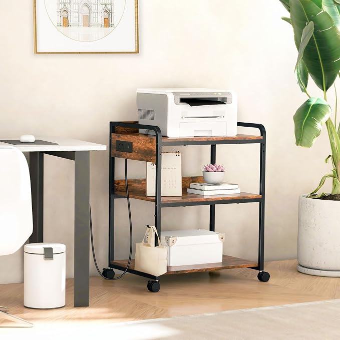 Livofloral 3 Tier Large Printer Stand with Wheels, 25.2 x 18.9 Inch Printer Stand with Power Outlet USB Port, Printer Table with Adjustable Storage Shelf for Home Office, Rustic Brown