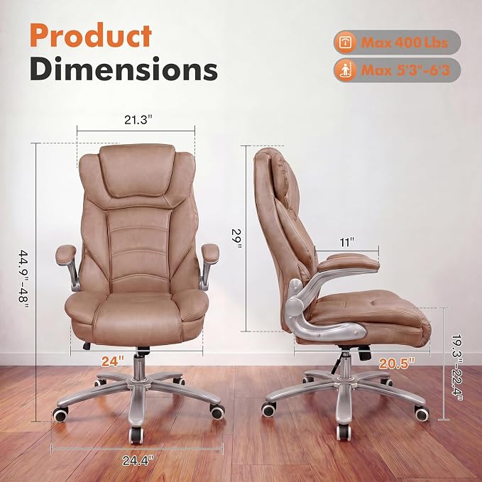 GYI Big and Tall 400lb Office Chair, Leather Executive Desk Chair, Brown | 24"Wide Seat, High Back, Space-Saving Flip-up Arms, Lumbar Support, Heavy Duty Base, Home, Conference Room