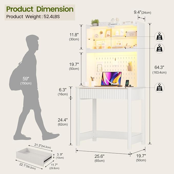 Lvifur Small Writing Desk with Power Outlet - LED Study Desk with Drawer & Hutch, Home Office Desk with Shelf & Pegboard, Space Saving Study Table Work Station for Dorm, Living Room (White)