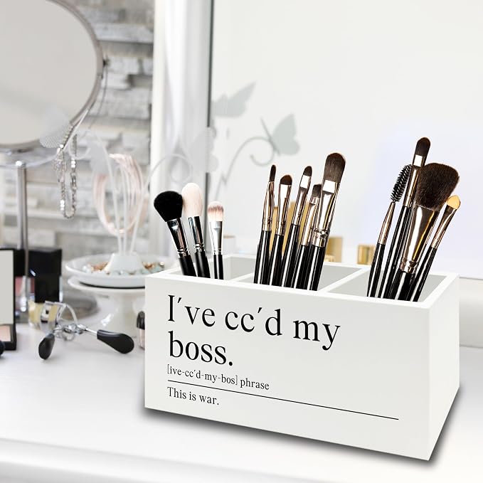 Funny Office Pen Pencil Holder Organizer for Desk, Coworker Gifts for Women Men, I've Cc'd My Boss Funny Wooden Box Sign for Home Office Workplace Desk Tabletop Decorations