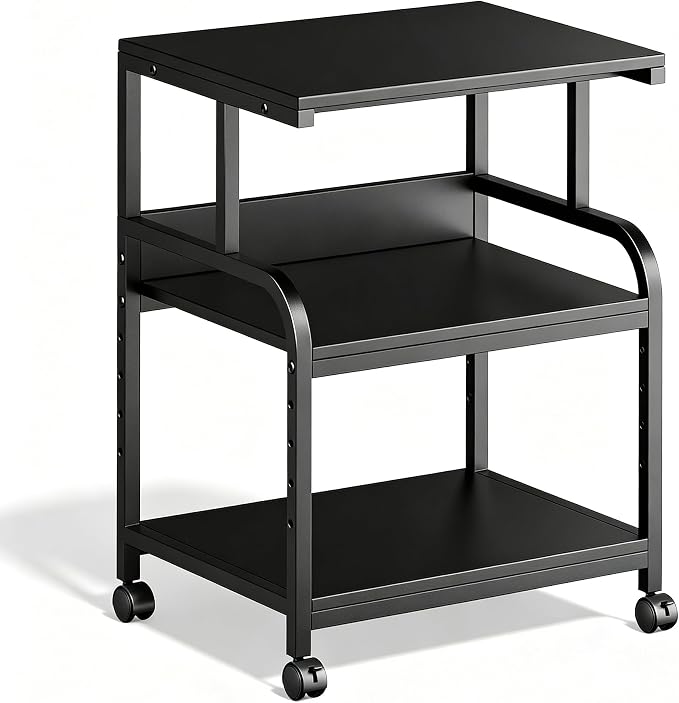 Printer Stand, 20×16×28'' Metal Printer Table with Wheels, 3 Tier Rolling Cart with Adjustable Storage Shelf, Space Saving 3D Printer Desk for Home Office, Mini Fridge & Heat Press Stand, Black