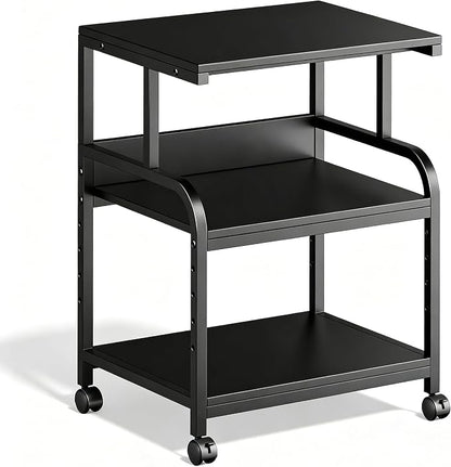 Printer Stand, 20×16×28'' Metal Printer Table with Wheels, 3 Tier Rolling Cart with Adjustable Storage Shelf, Space Saving 3D Printer Desk for Home Office, Mini Fridge & Heat Press Stand, Black