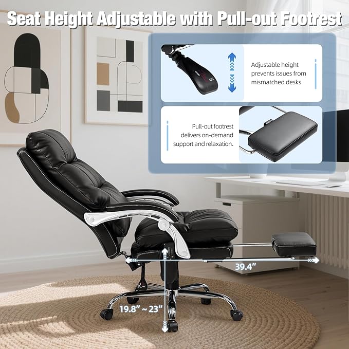 Massage Office Chair with Foot Rest, 400 LBS Ergonomic Executive Chair, High Back Reclining Leather Desk Chair with 135° Recline, 6-Point Vibration and Heat, Modern