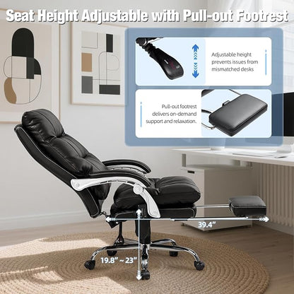 Massage Office Chair with Foot Rest, 400 LBS Ergonomic Executive Chair, High Back Reclining Leather Desk Chair with 135° Recline, 6-Point Vibration and Heat, Modern