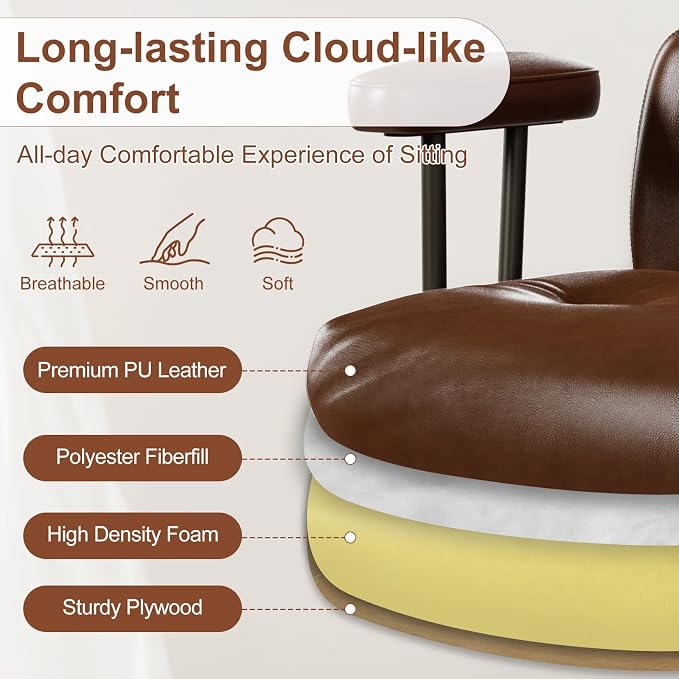 Mid-Century Modern Ergonomic Office Chair,High Back Faux Leather Executive Desk Chair with Walnut Bentwood & Headrest,Adjustable Swivel Computer Chair for Home Office,Brown
