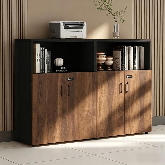 File Cabinet with Password Lock, Wood Lateral Filing Cabinet for Letter/A4 Files, 3 Drawer with Door, Printer Stand with Open Shelves for Home Office