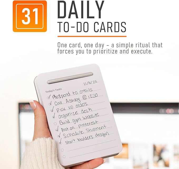 Unstoppable Tasks – 31 Blank Daily To-Do Cards with Aluminum Desk Card Holder, Minimalist Office Productivity To-Do Cards, Modern Desk Gift for Teams, Managers & Students (Silver)