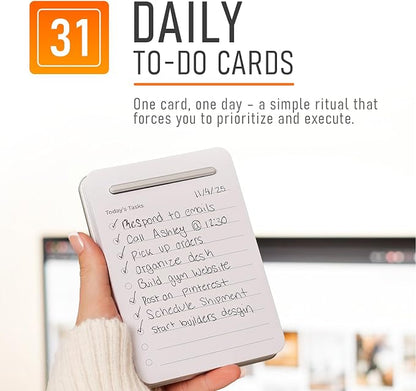 Unstoppable Tasks – 31 Blank Daily To-Do Cards with Aluminum Desk Card Holder, Minimalist Office Productivity To-Do Cards, Modern Desk Gift for Teams, Managers & Students (Silver)