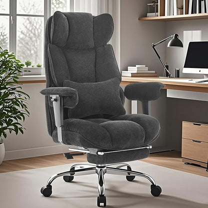 Efomao Executive Office Chair 400lbs, Black Fabric Big and Tall Desk Chair | Breathable fabric, pocket spring & foam seat, retractable footrest, 135° recline for computer gaming setup