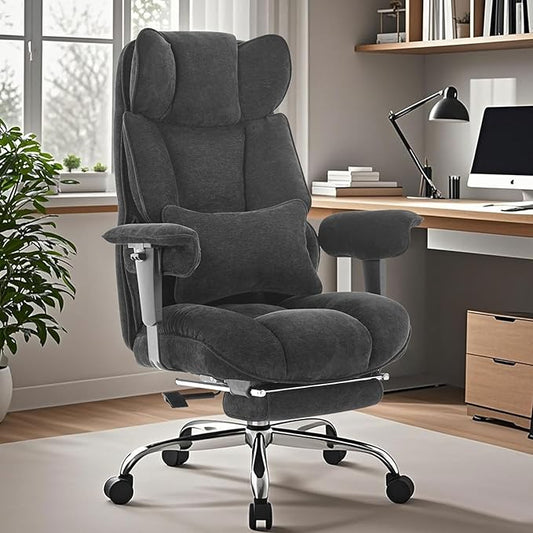 Efomao Executive Office Chair 400lbs, Black Fabric Big and Tall Desk Chair | Breathable fabric, pocket spring & foam seat, retractable footrest, 135° recline for computer gaming setup