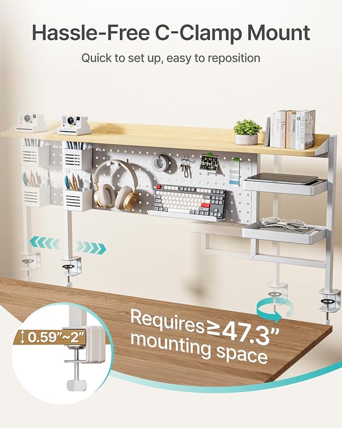 PEGZONE Clamp on Desk Shelf, 44" Desktop Shelving System, White | with Pegboard and Accessories, Desktop Organizer with 2-Tier Shelf, Desk Pegboard for Gaming Office