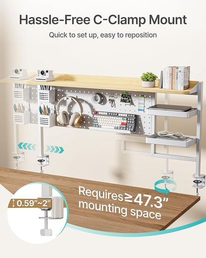 PEGZONE Clamp on Desk Shelf, 44" Desktop Shelving System, White | with Pegboard and Accessories, Desktop Organizer with 2-Tier Shelf, Desk Pegboard for Gaming Office