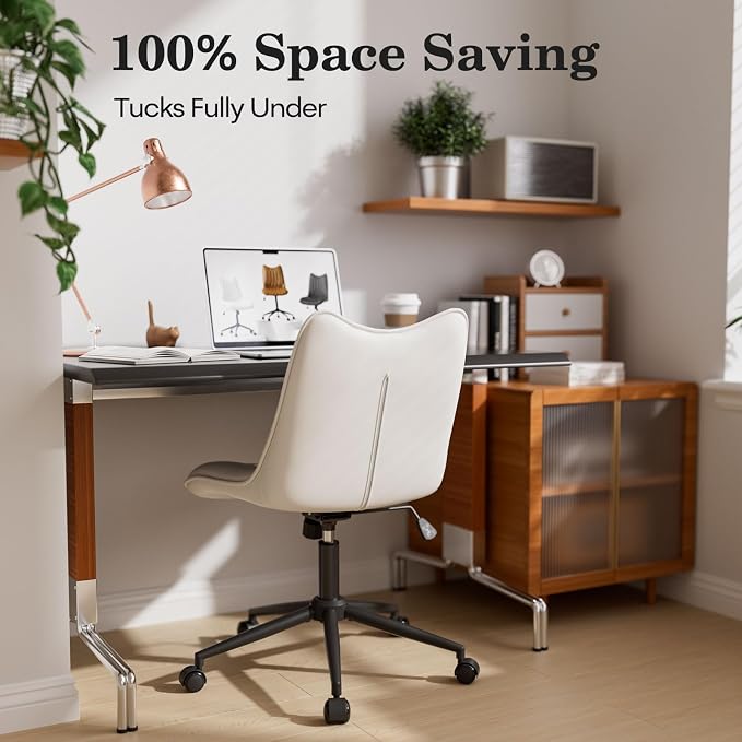 Armless Office Chair, Swivel Rolling Leather Desk Chair, White | Waterproof Upholstery, Padded Seat, 15° Relaxing Tilt, 330 LBS Capacity, for Bedroom Vanity and Computer Work
