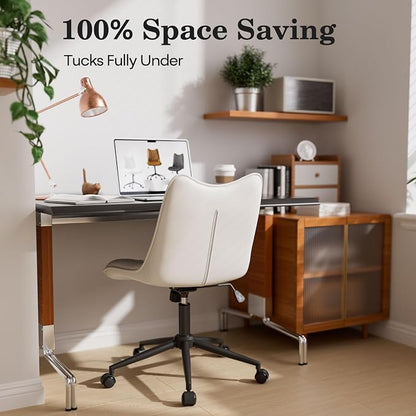 Armless Office Chair, Swivel Rolling Leather Desk Chair, White | Waterproof Upholstery, Padded Seat, 15° Relaxing Tilt, 330 LBS Capacity, for Bedroom Vanity and Computer Work