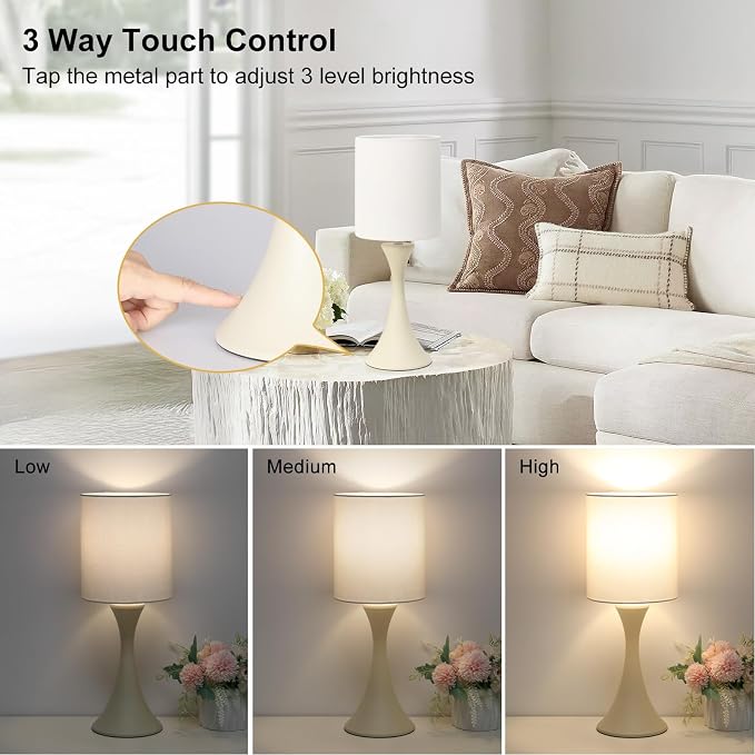 Seaside village Dimmable Bedside Lamp, 3 Way Touch Control Table Lamp, Modern Nightstand Lamp with Beige Shade and Cream Base, Small Desk Lamp for Living Room, Dorm, Home Office, 9W LED Bulb Included