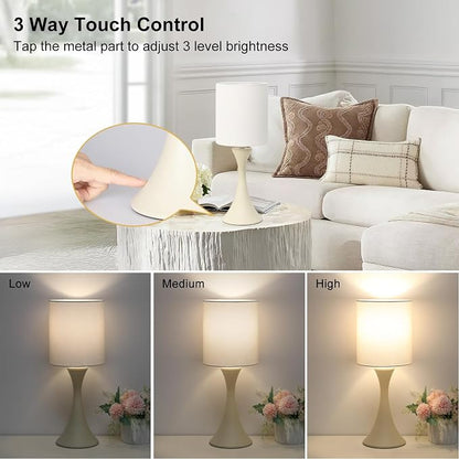 Seaside village Dimmable Bedside Lamp, 3 Way Touch Control Table Lamp, Modern Nightstand Lamp with Beige Shade and Cream Base, Small Desk Lamp for Living Room, Dorm, Home Office, 9W LED Bulb Included